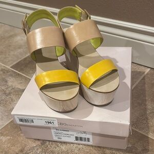 BCBGeneration Yellow and Tan Wooden Wedge Platform Clogs